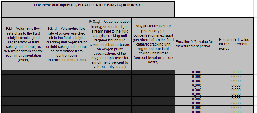 Y-7a Input Spreadsheet No Data Entry for the Black Cells
